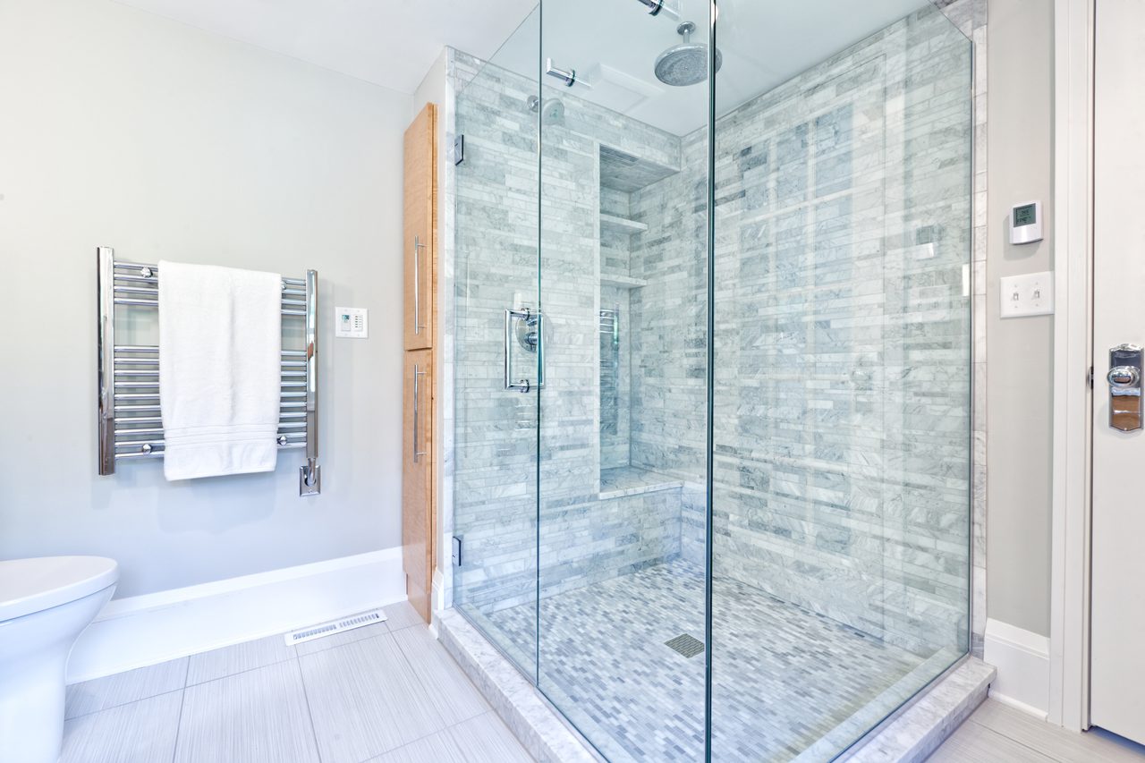 Plumbing fixture, Shower head, Tile flooring, Property, Bathroom, Building, Wood