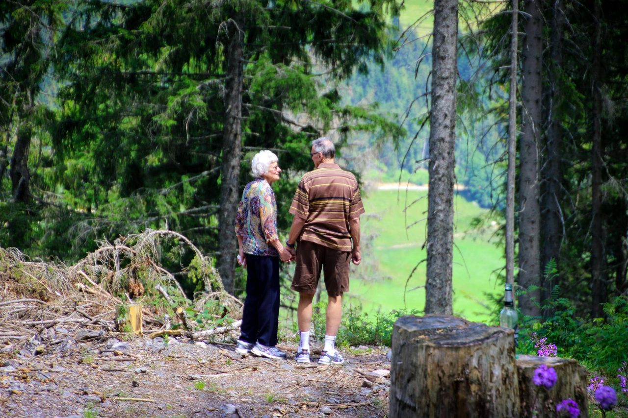 An elderly couple holding hands strolls through a serene forest trail, enjoying nature.. Magda Ehlers: https://www.pexels.com/@magda-ehlers-pexels