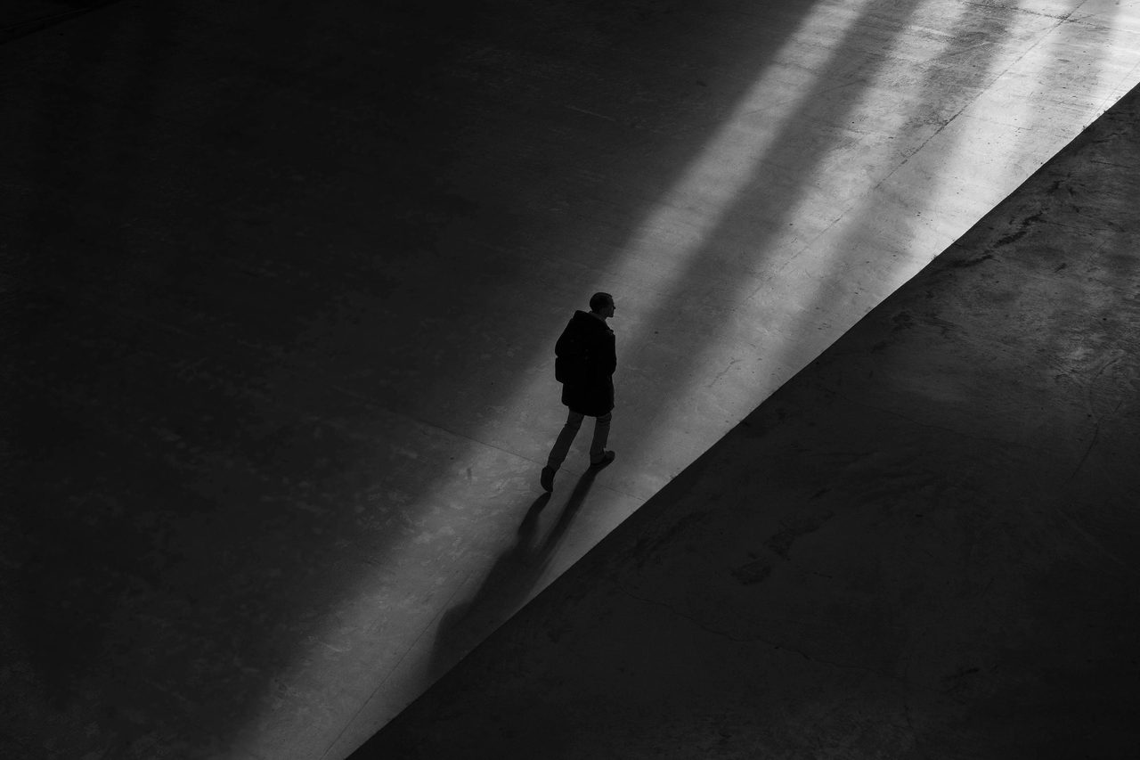 Black and white, Monochrome photography, Photograph, Standing, Pedestrian, Darkness, Silhouette