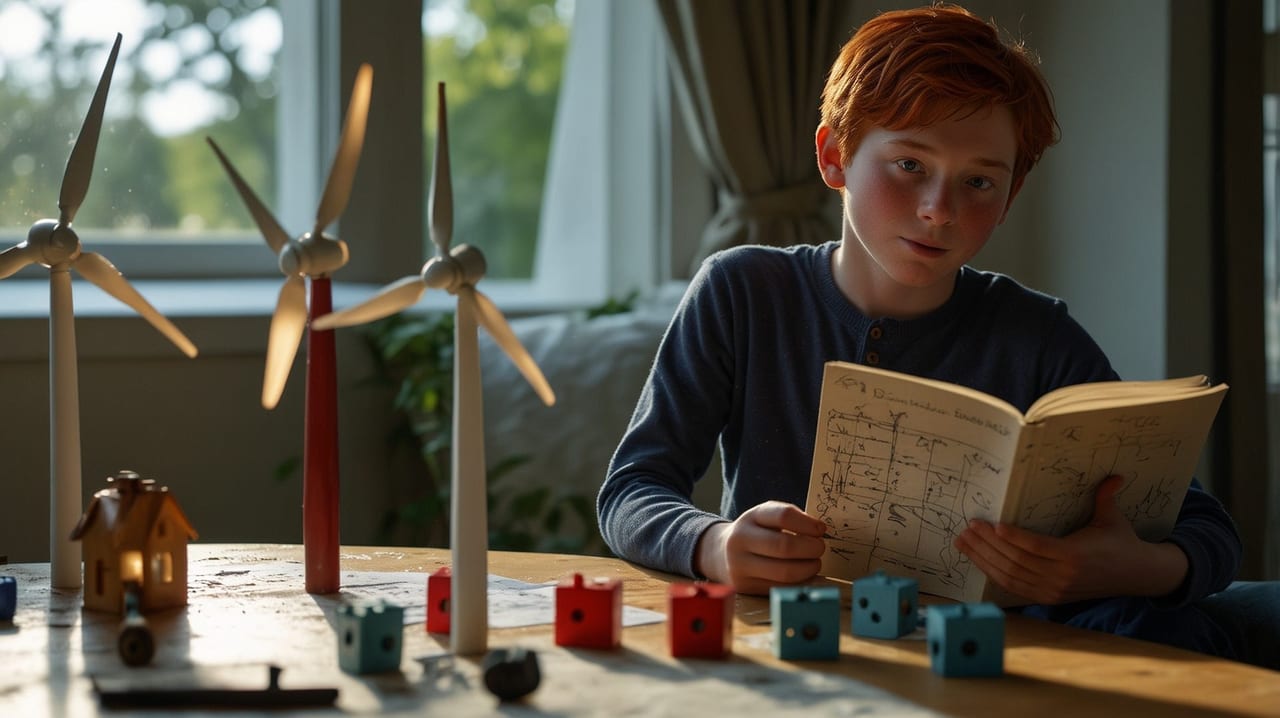 Red-haired boy studies a book; miniature wind turbines and house on table.