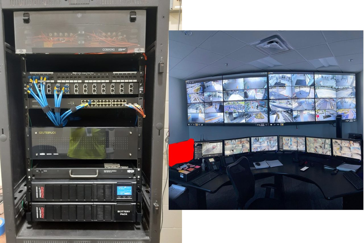 32, 55-in. wall displays (right) show the various views of numerous IP cameras employed, controlled, and stored on a series of DVRs contained in this rack (left). Another six provide security personnel with close-ups.