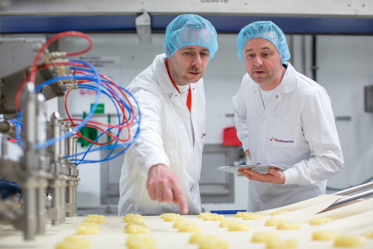 Workers, Factory line, Interior, Dough, Clipboard, Lab coats, Hair nets