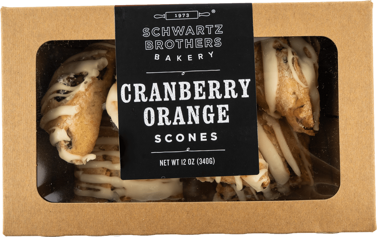 Bakery box, Label, Scones, Icing drizzle, Baked goods, Cranberry