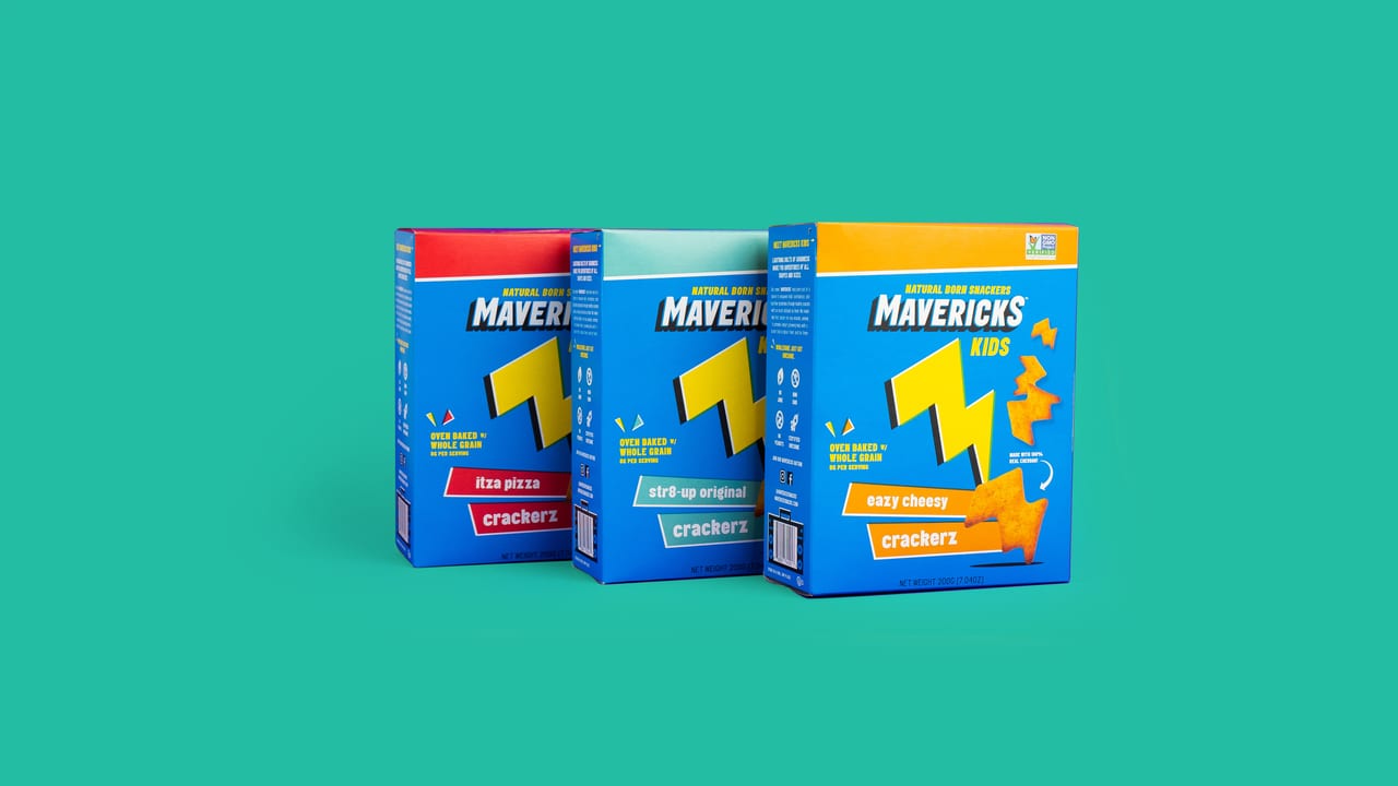 Packaging, Line of boxes, Blue, Teal, Lightning bolt, Cheesy snacks