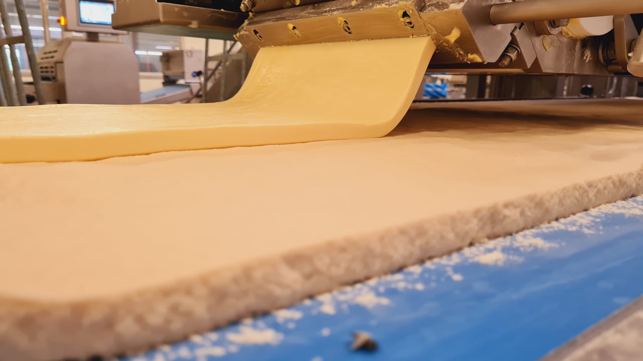 Sheeter machine, Dough, Belt, Crumbs, Cheese, Metal, Equipment