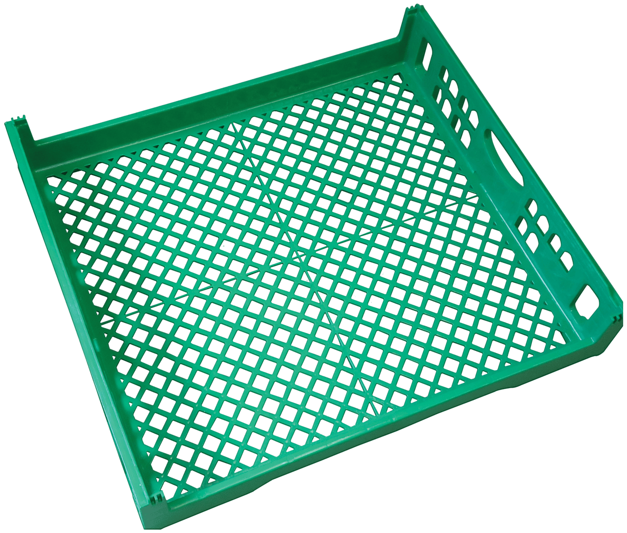 Green plastic tray, Grated bottom, Stackable