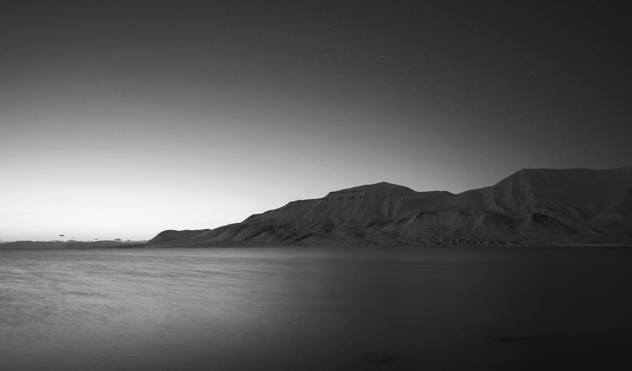 Natural landscape, Sky, Water, Cloud, Mountain, Highland, Black-and-white