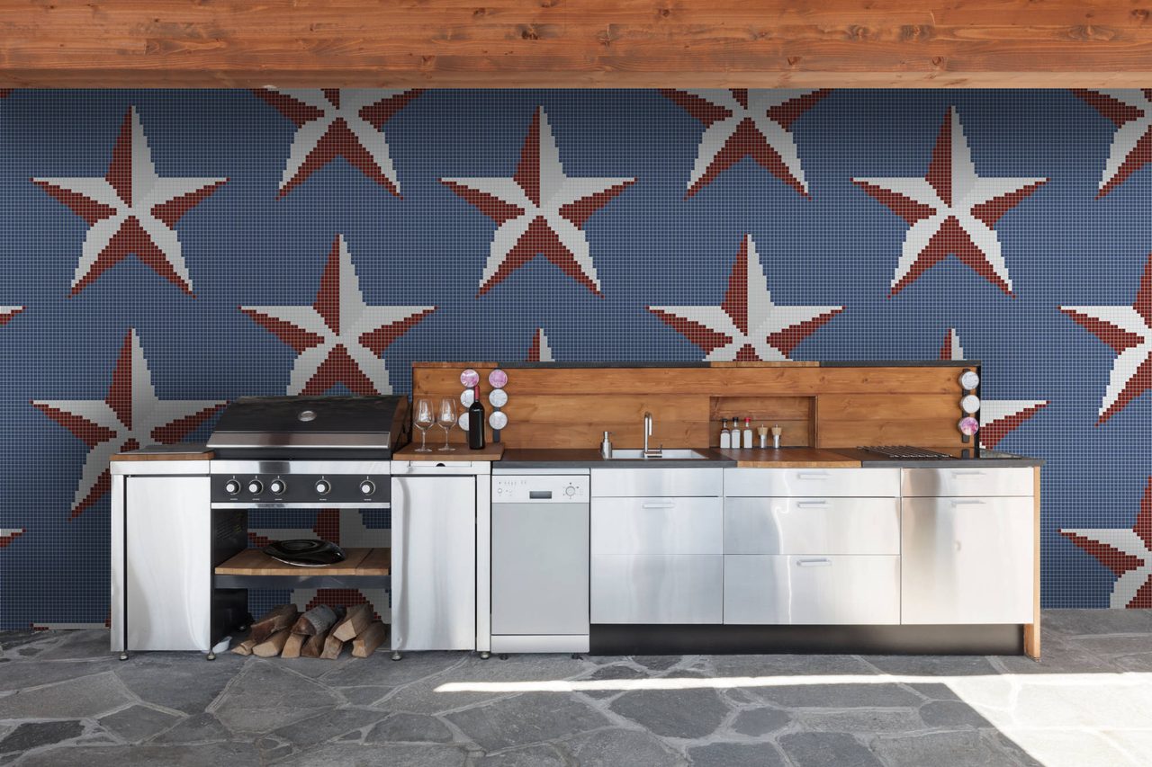 Flag of the united states, Kitchen appliance, Interior design, Cabinetry, Window, Countertop, Wood, House