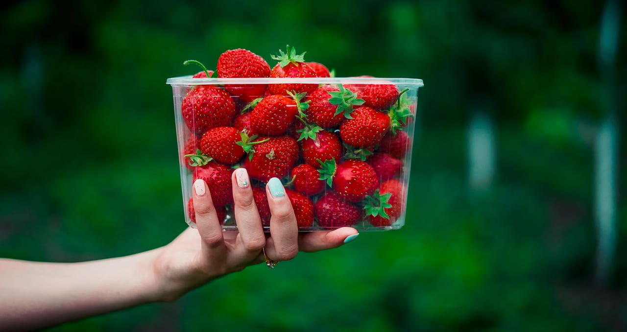 Natural foods, Seedless fruit, Food, Hand, Plant, Strawberry, Ingredient, Gesture, Strawberries