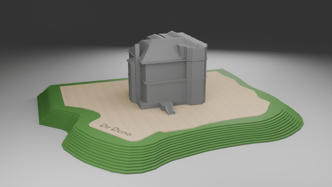 A grey building on a light brown base with "De Duno" text, surrounded by green terraced layers.