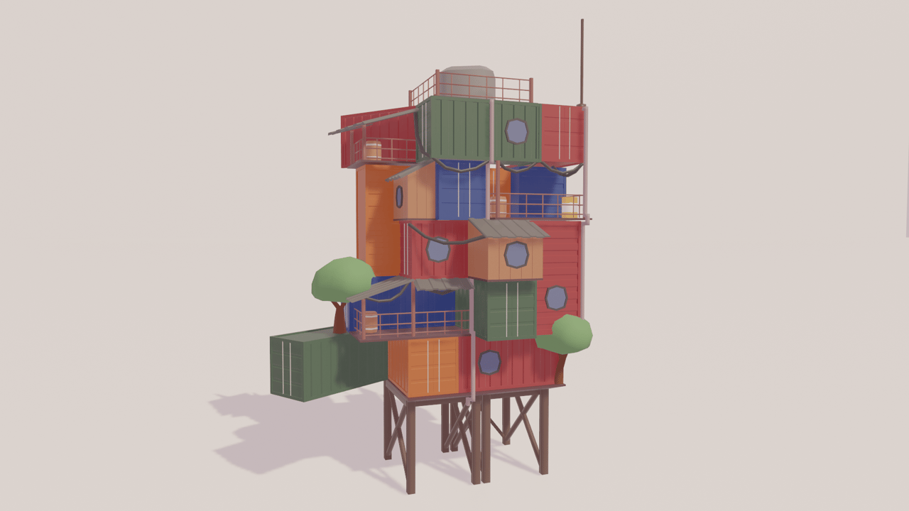 A colorful, multi-level house built from shipping containers on stilts, featuring balconies and small trees.
