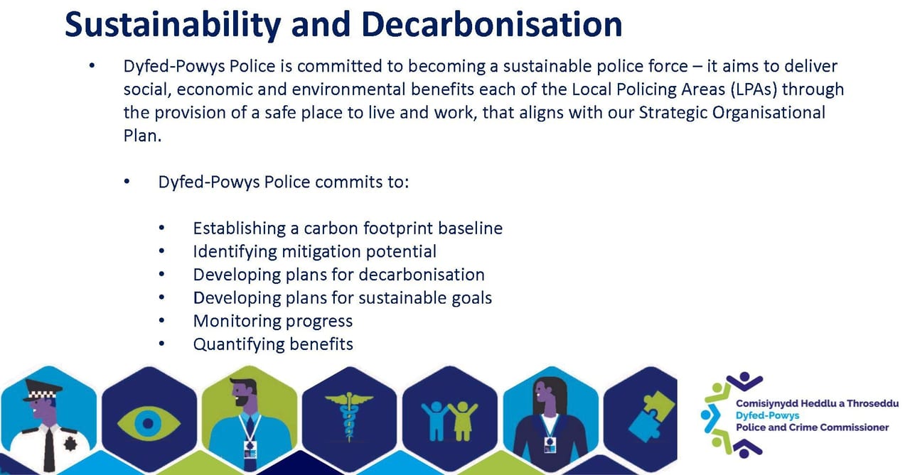 Dyfed-Powys Police's sustainability & decarbonisation commitments outlined on a slide.