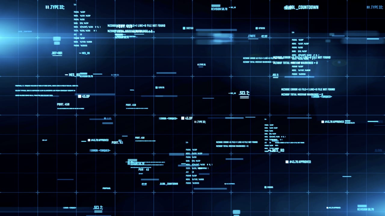 Abstract HUD background with program code modules moving in a cyberspace.