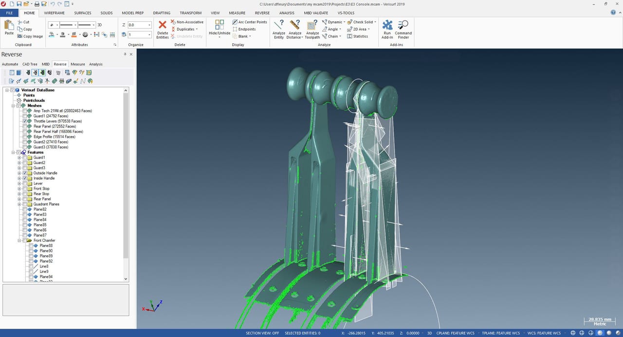 Software was used to isolate throttle levers and guide plates from the original surface profile scan. Note planes and edges highlighted for capture of geometry and conversion to CAD.