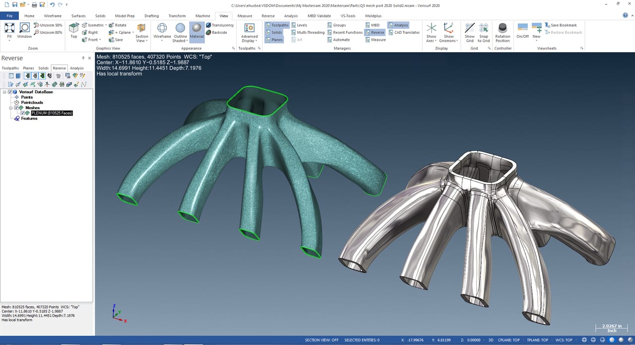  Quick Surface is an optional tool that quickly creates high-quality surfaces from scanned meshes or STL files. The software maintains curvature continuity between adjacent surfaces and is ideal for creating smooth, freeform CAD surfaces, ideal for high-speed toolpaths, either from organic or prismatic meshes.