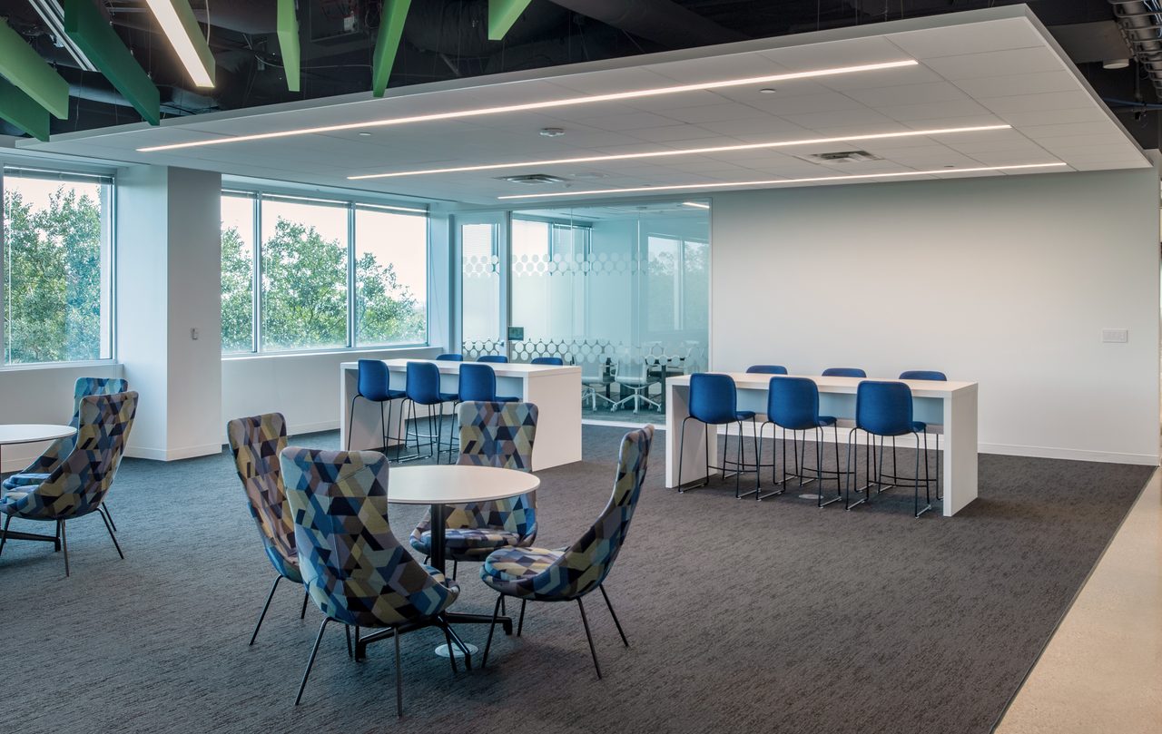 Allergans Austin offices high-performance functionality meets inspired interiors with ceiling systems. 
