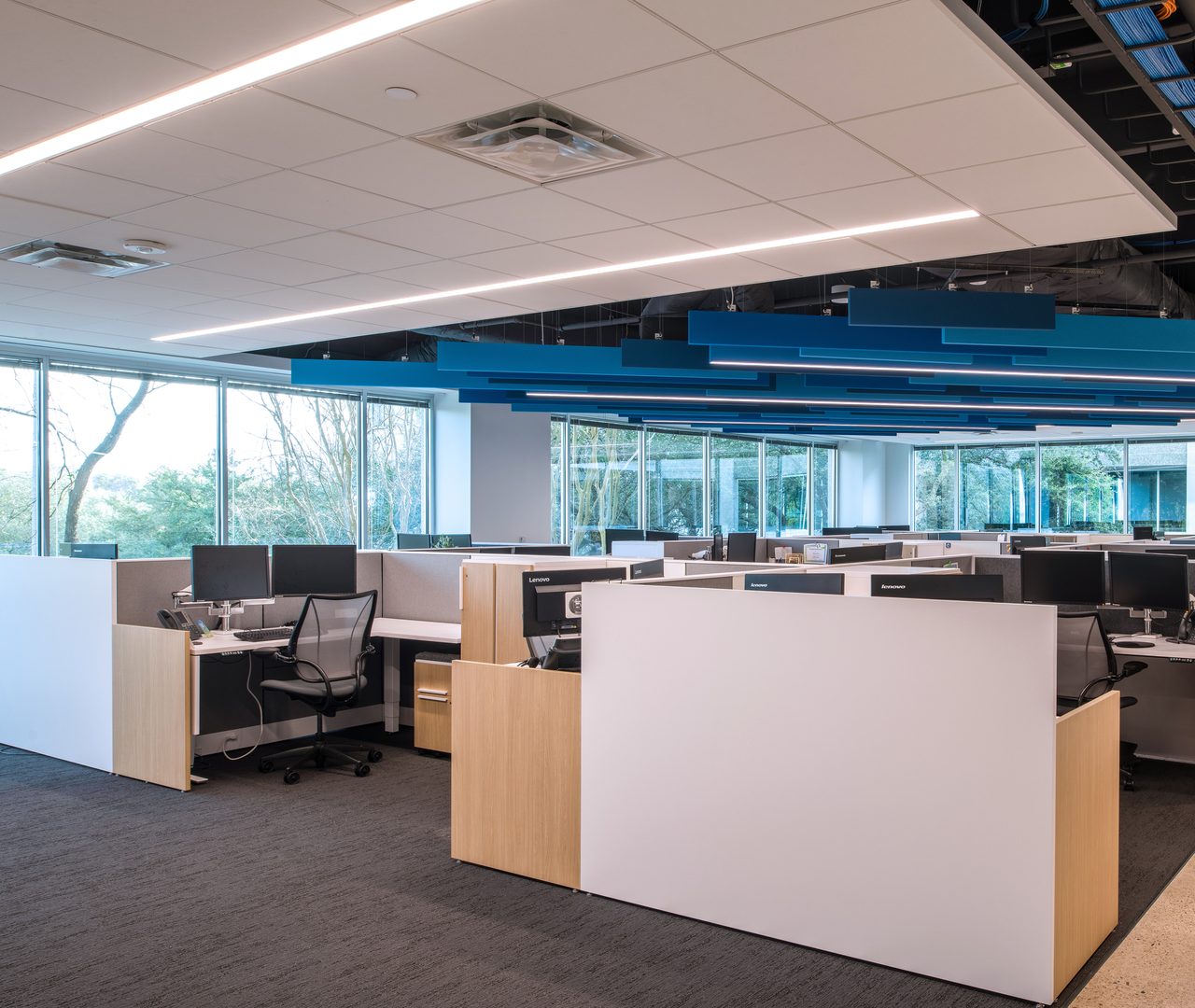 Allergans Austin offices high-performance functionality meets inspired interiors with ceiling systems. 