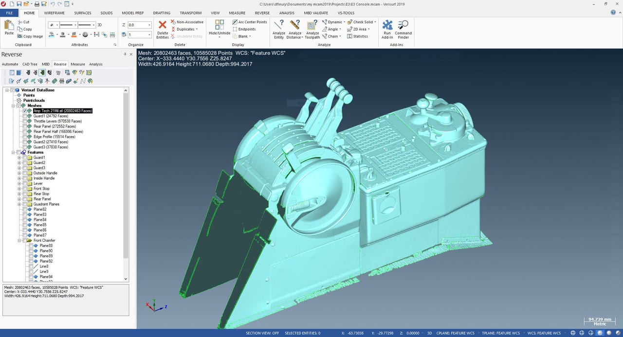 A complex profile scan was used to aid in the reverse engineering and development of a legacy Boeing E-3 Sentry throttle quadrant for use in flight simulator training. Verisurf Reverse and Verisurf CAD software was used to isolate features and create an exact tactile replica. 