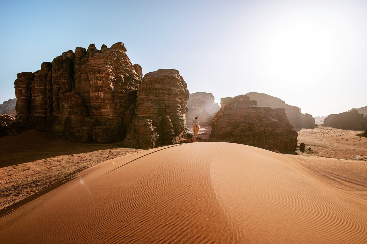Amongst expansive red sands and spectacular sandstone rock formations |HismaDesert &#x2013; NEOM, Saudi Arabia