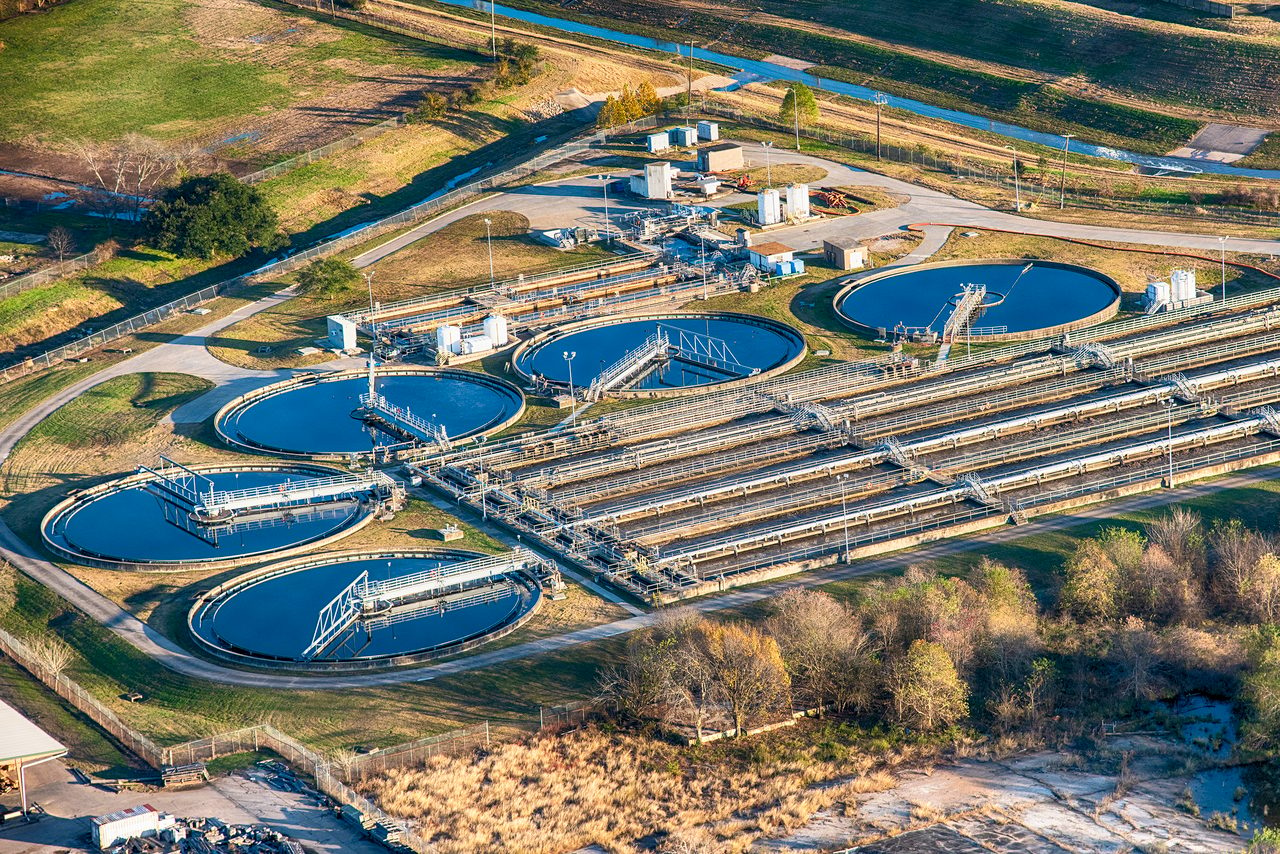 Aerial view of a water treatment facility in the South Texas area just south of Houston.