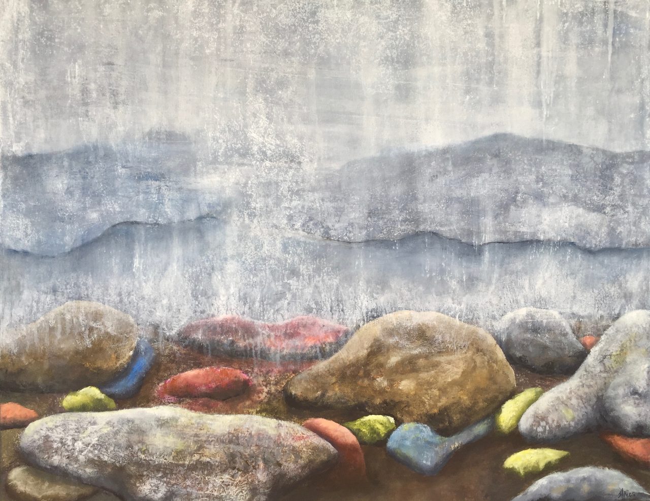 Body of water, Natural landscape, Bedrock, Watercourse, Wood, Paint, Painting