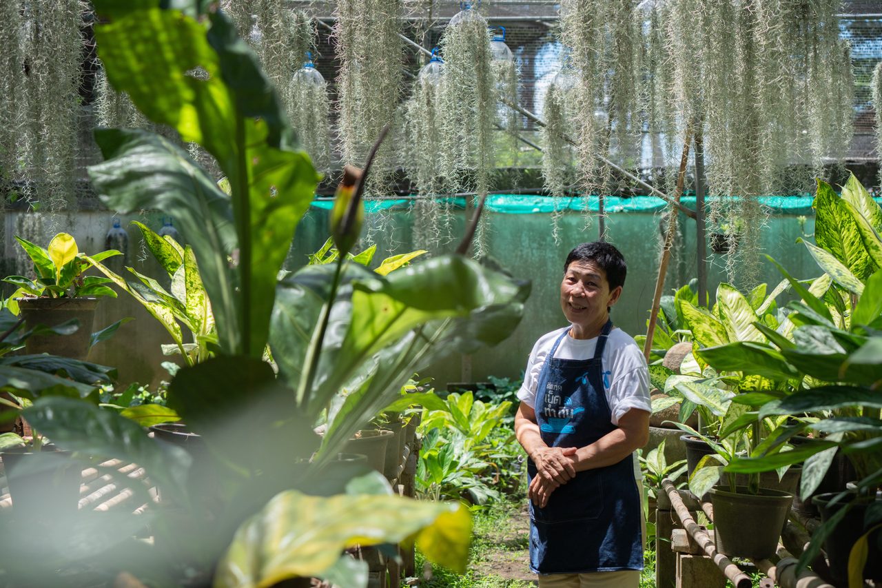 Photo of an elederly south east asian woman in an apron standing in a lush green garden and smiling at the camera.