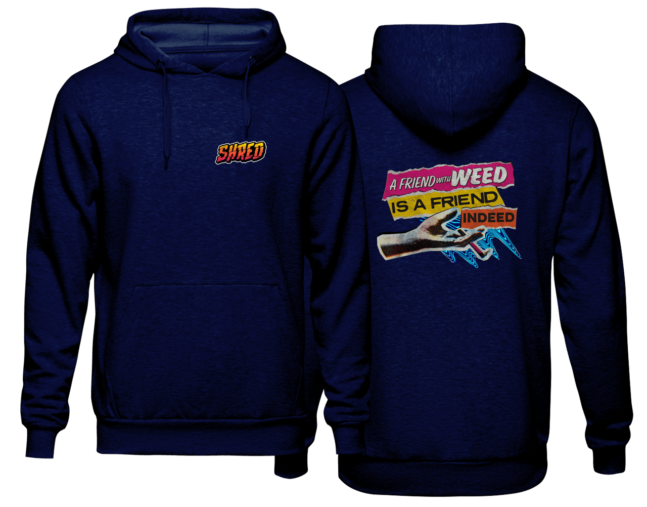 Two dark blue hoodies. One has the Shred logo, the other the 420 banner.