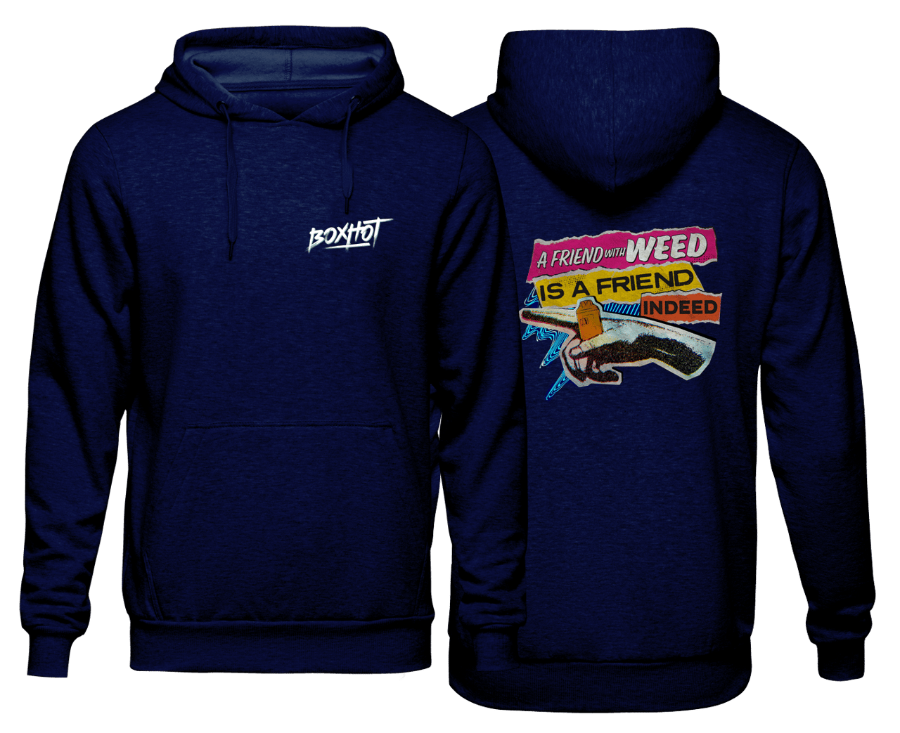 Two dark blue hoodies. One has the BoxHot logo, the other the 420 banner.