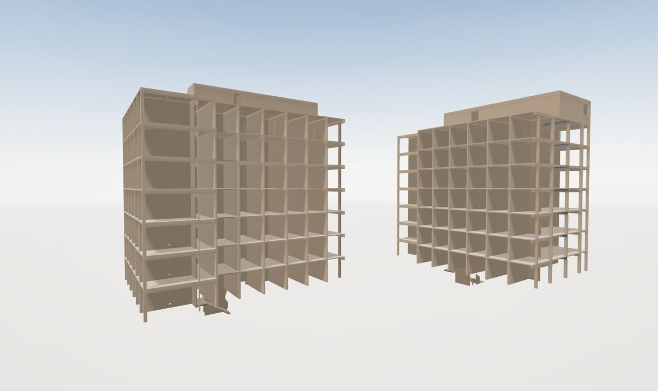 Two light brown, grid-like building structures against a pale sky.