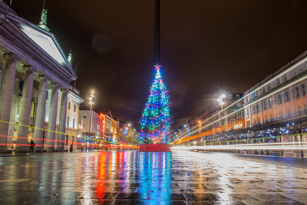 Christmas tree, Street light, Water, Sky, Building, Plant, Lighting, Architecture, Electricity