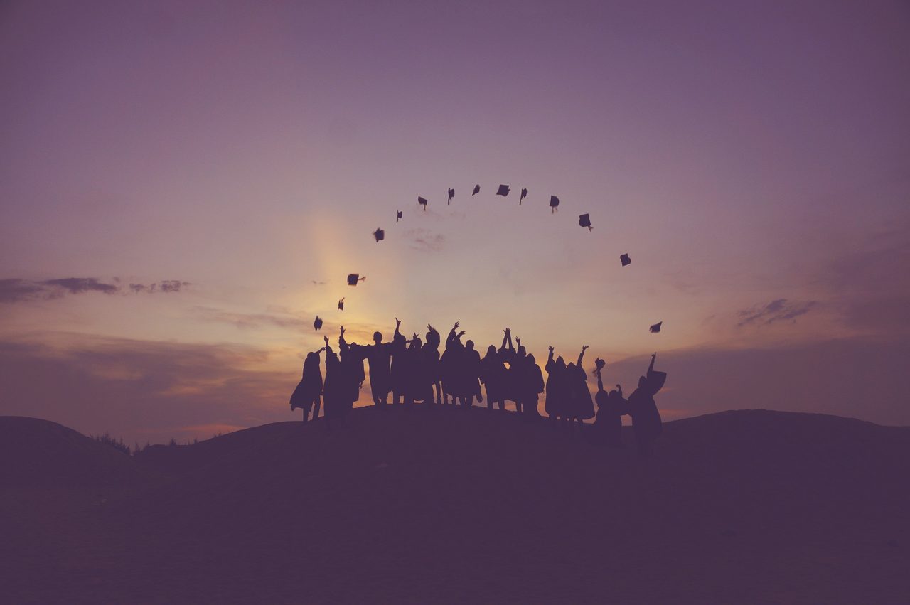 dawn, graduates, throwing hats