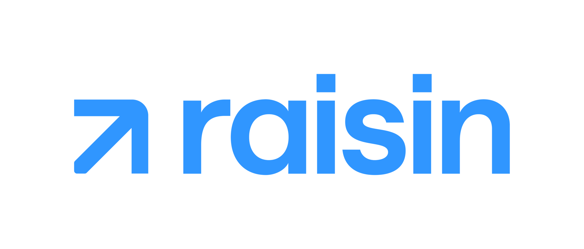 Blue "raisin" logo with an upward-pointing arrow replacing the 'r', on a dark green background.