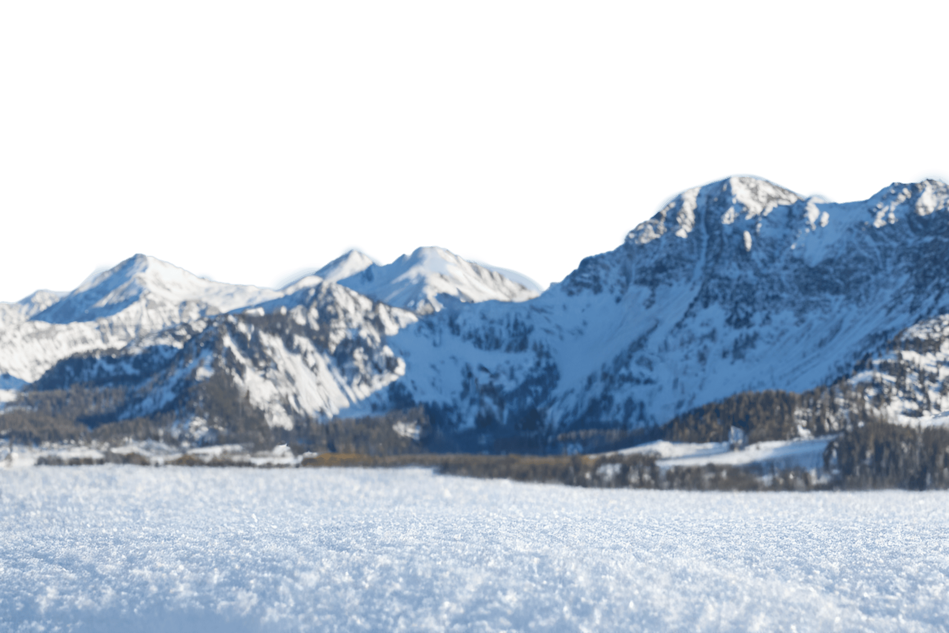 Snow-covered mountain range and forested foothills with a vast snowy foreground.