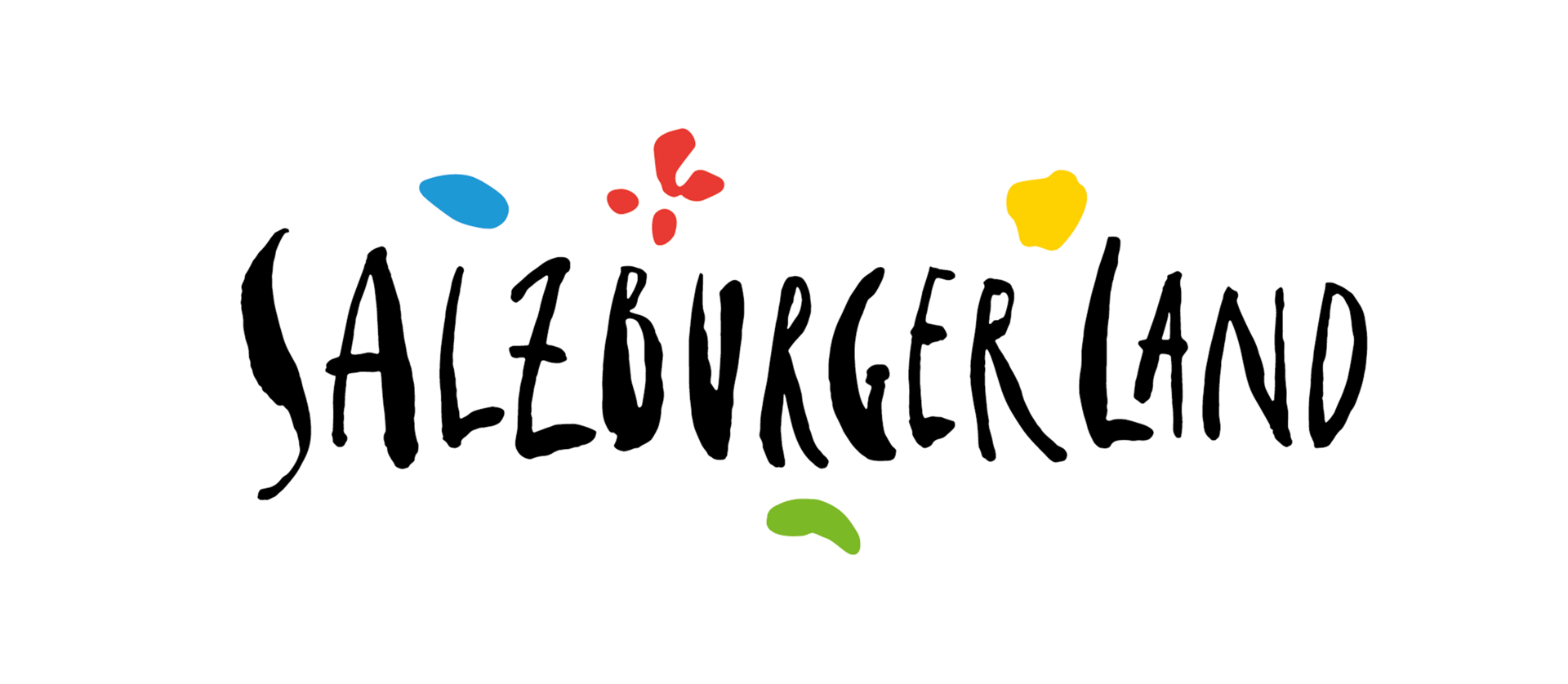 Handwritten 'SALZBURGER LAND' logo with colorful abstract shapes on a white brushstroke background.