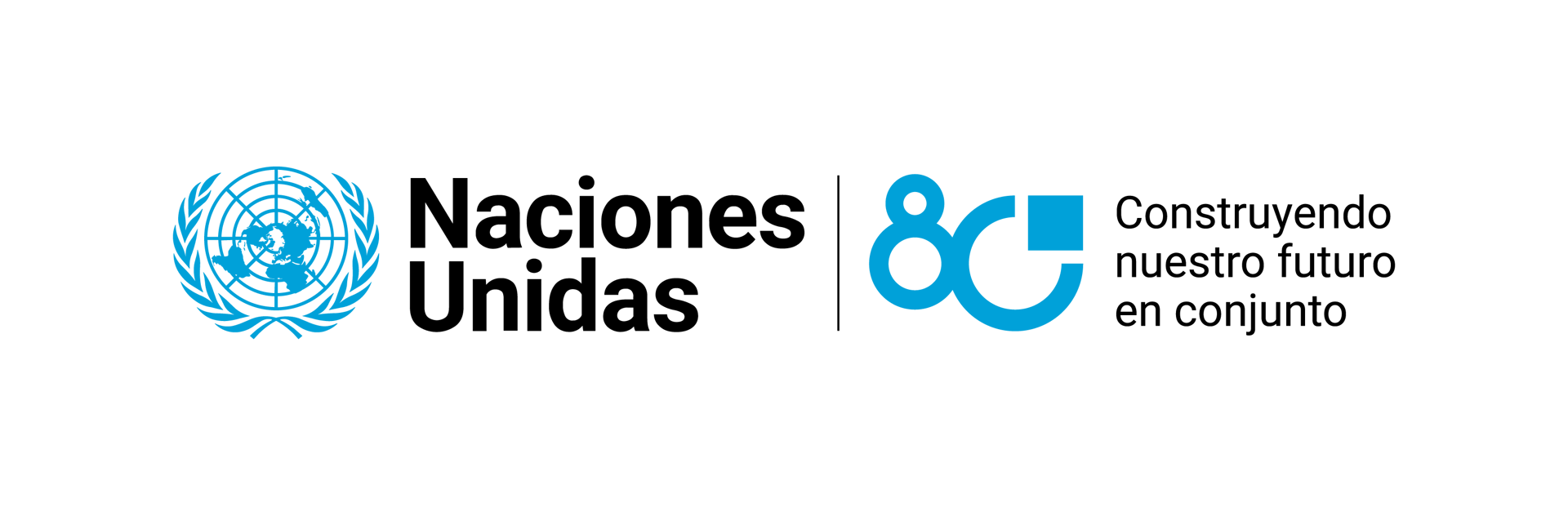 UN logo, "Naciones Unidas 80G", and "Construyendo nuestro futuro en conjunto" text.