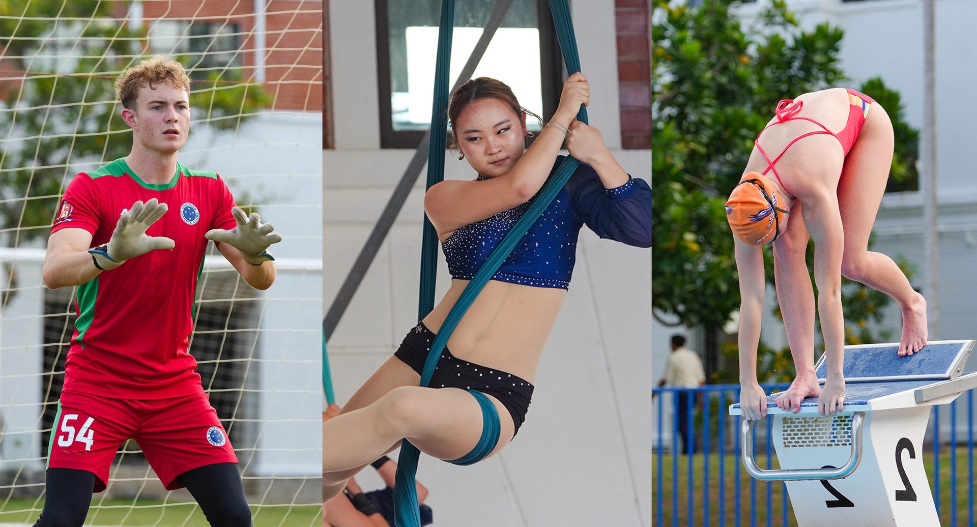 Soccer goalie, aerialist on silks, and swimmer on a starting block.