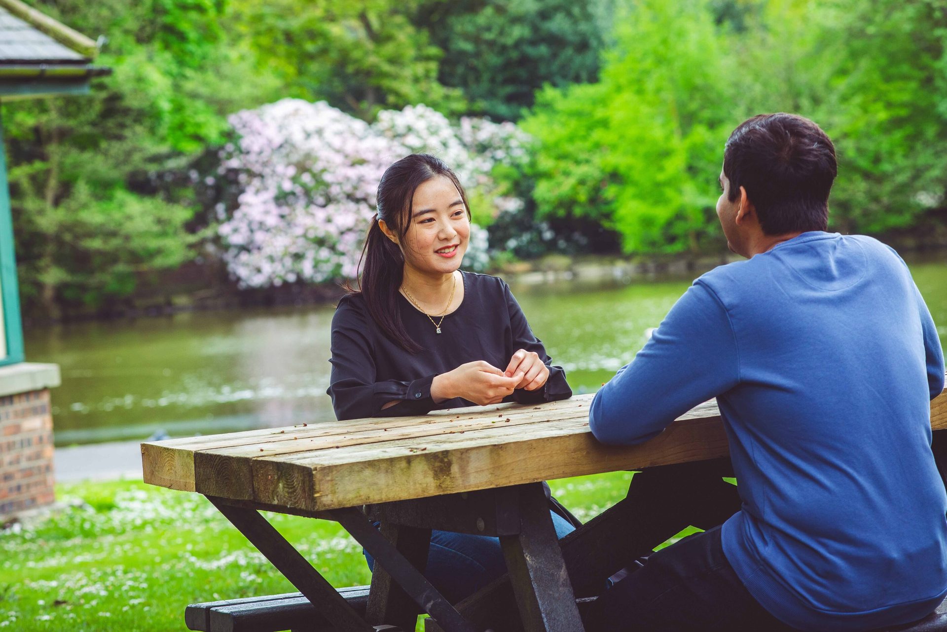 People in nature, Outdoor bench, Water, Smile, Plant, Botany, Green, Leaf, Happy