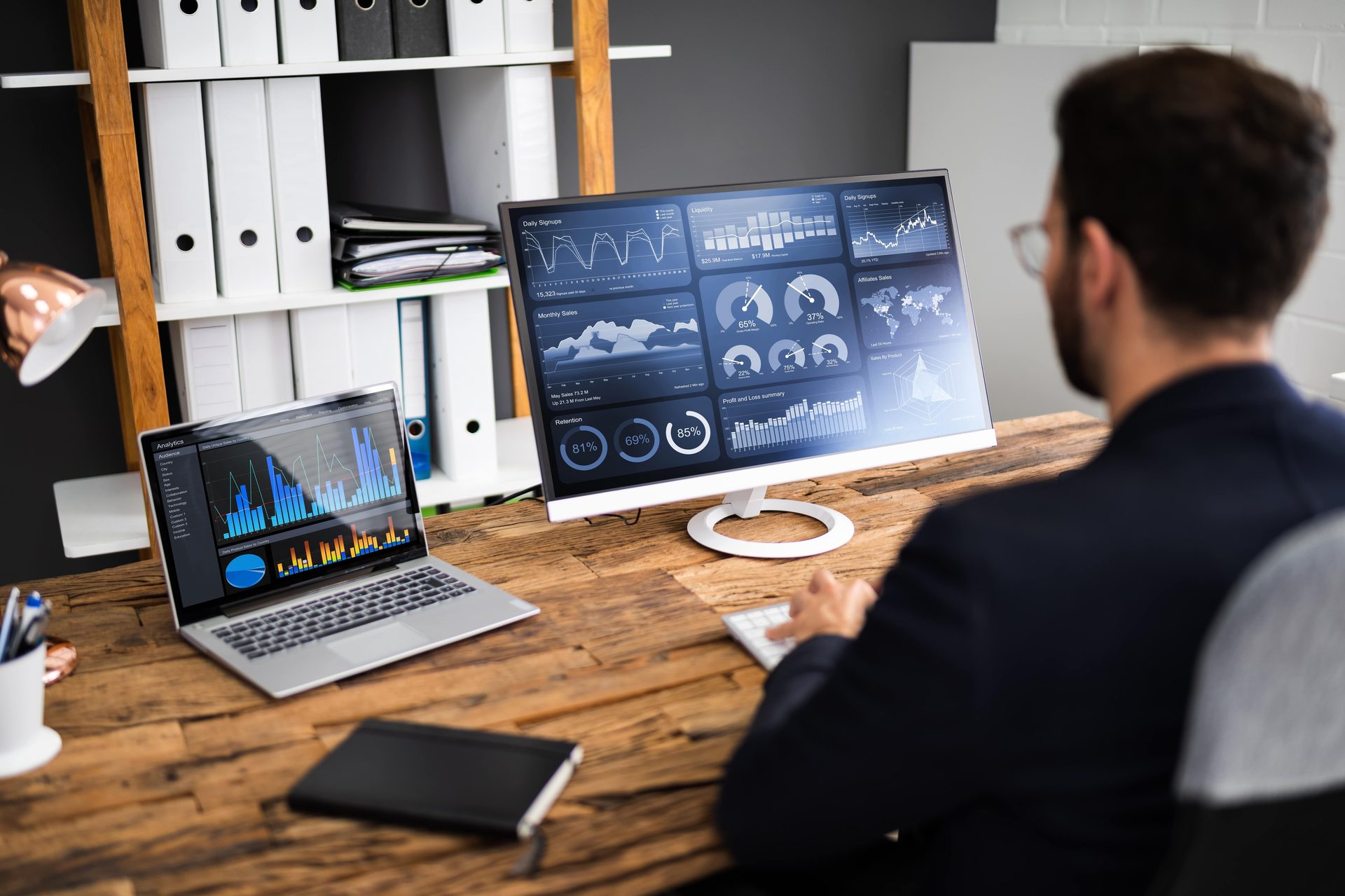Person analyzing business data on a desktop monitor and laptop with charts & graphs.