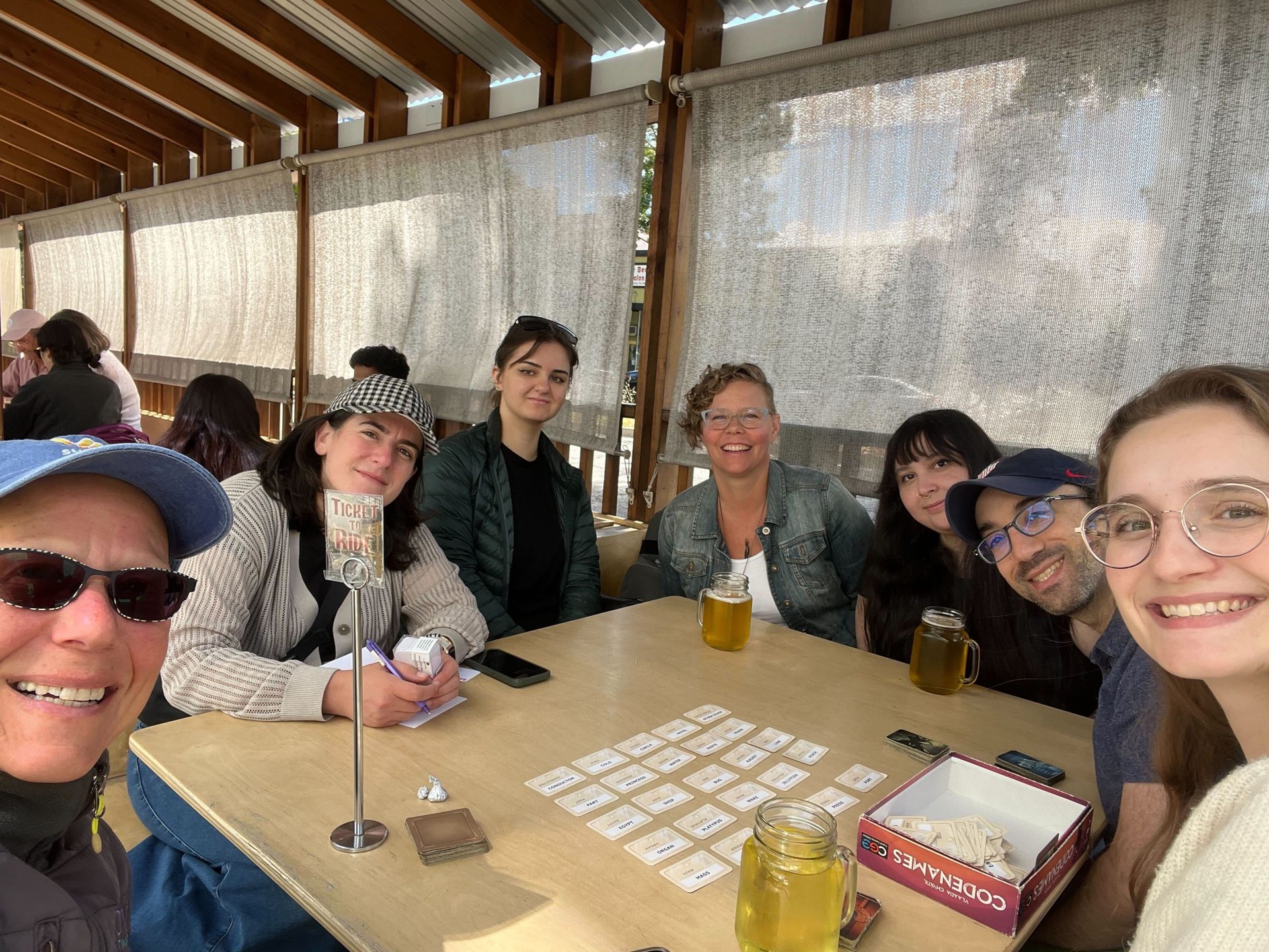 Smile, Table, Furniture, Jacket, Drinkware, Sharing