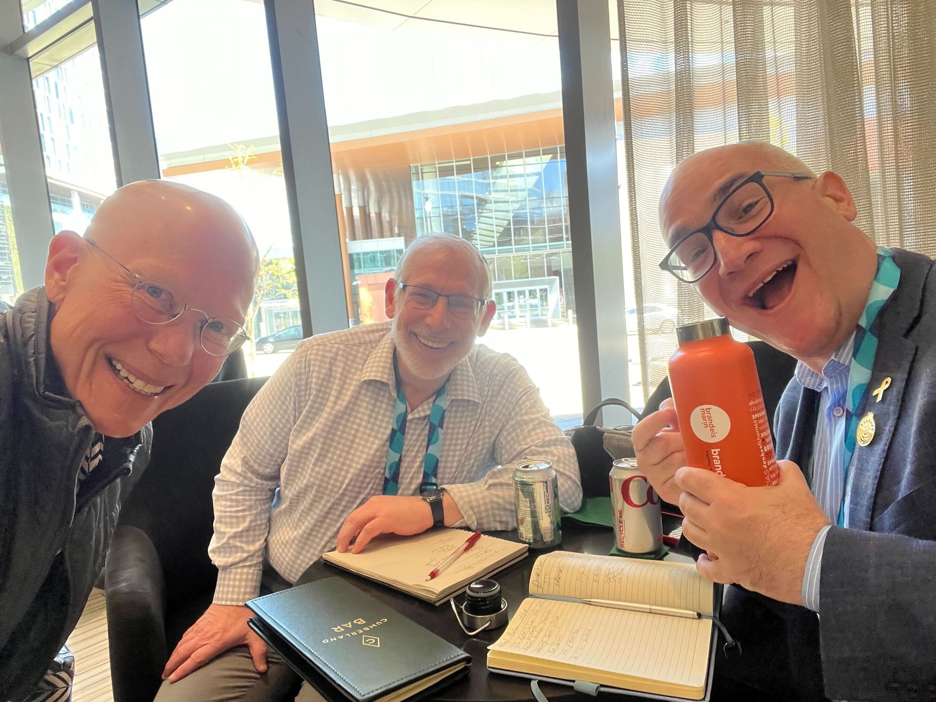 Three smiling bald men in glasses at a table with a window view.
