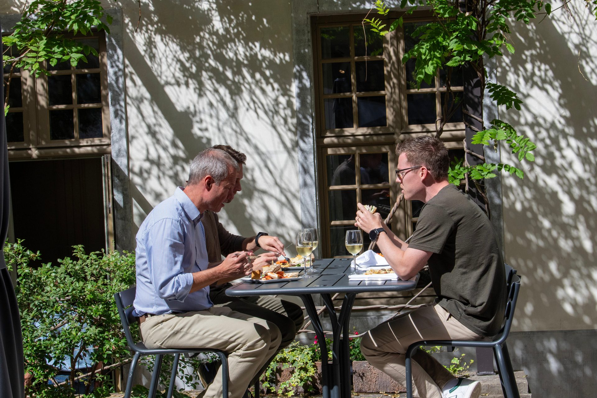 Three men dining outdoors with wine on a sunny day, plant shadows on the wall.