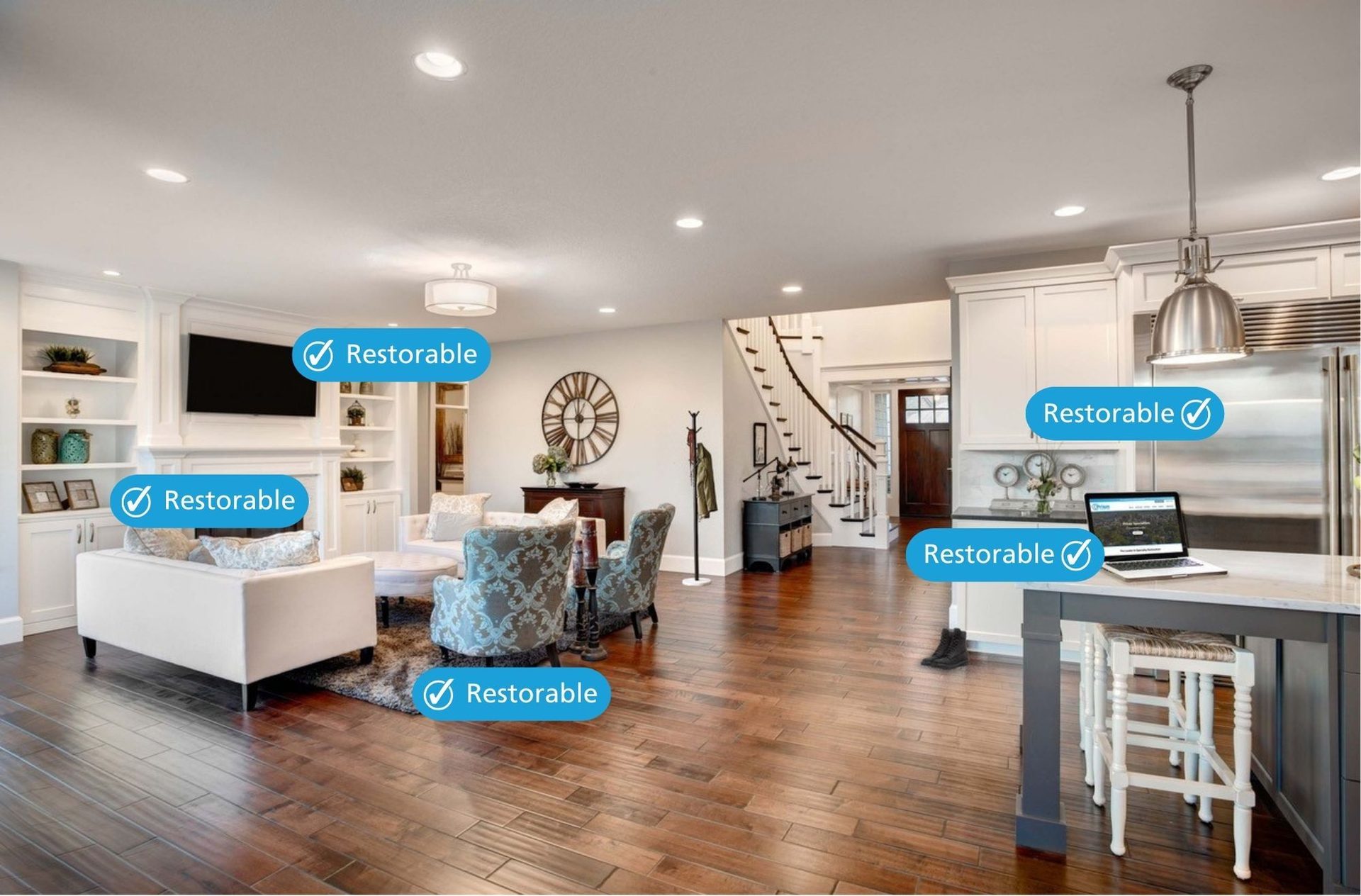 Interior design, Living room, Furniture, Building, Table, Couch, Azure, House, Television, Flooring