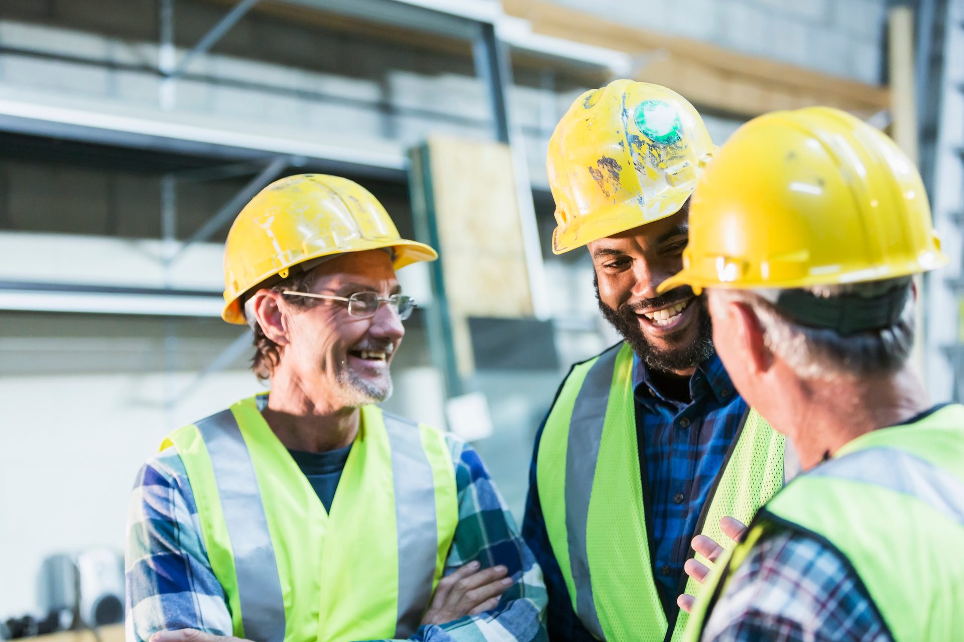 Hard hat, High-visibility clothing, Glasses, Helmet, Workwear, Smile, Engineer, Yellow, Headgear