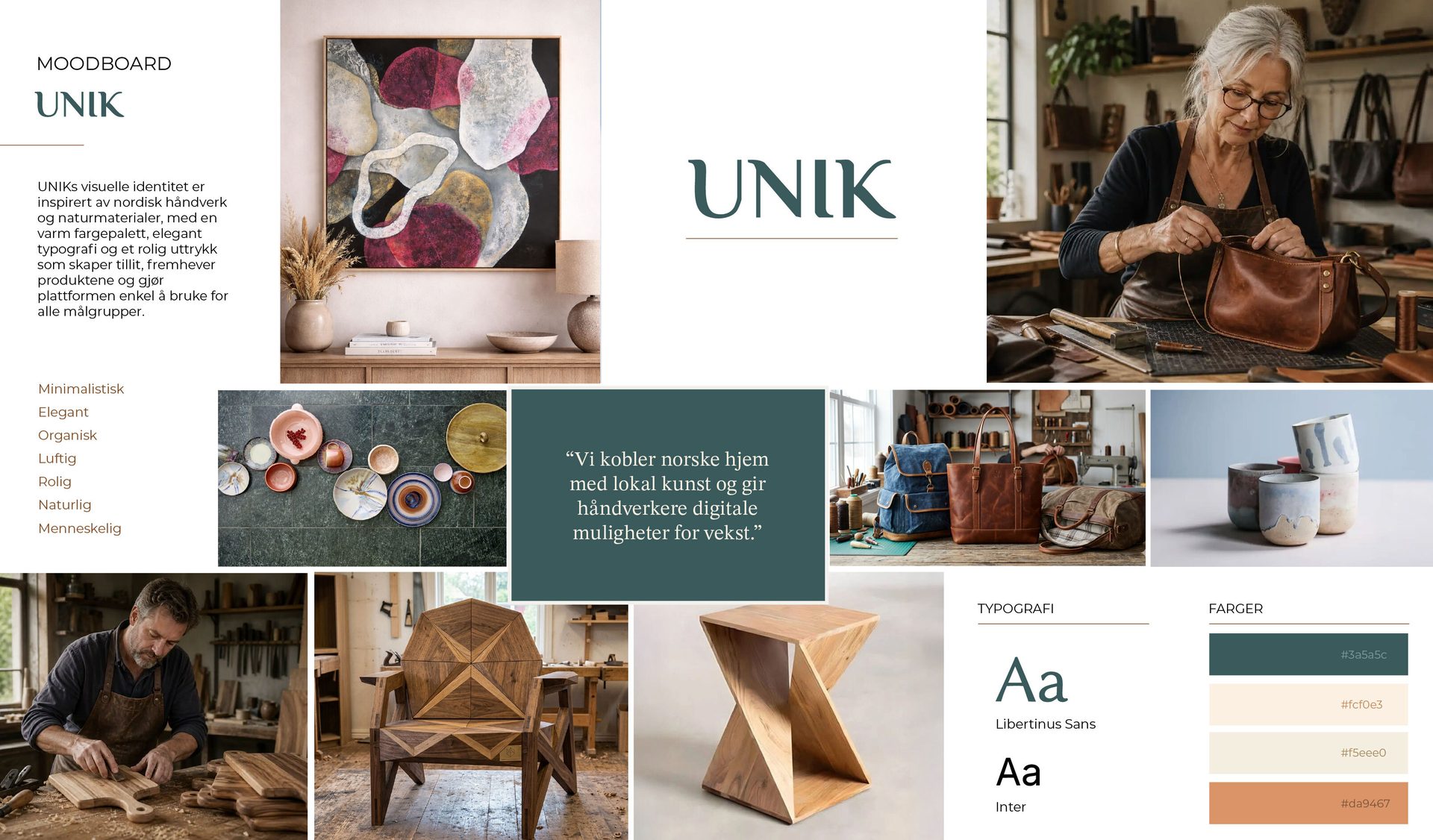 A mood board for UNIK, featuring Scandinavian craftsmanship, natural materials, and a warm palette.