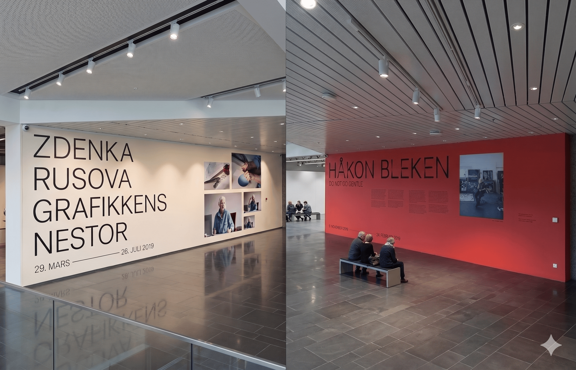 Two art exhibition halls, one with a white wall for Zdenka Rusova and another with a red wall for Håkon Bleken, with visitors on benches.