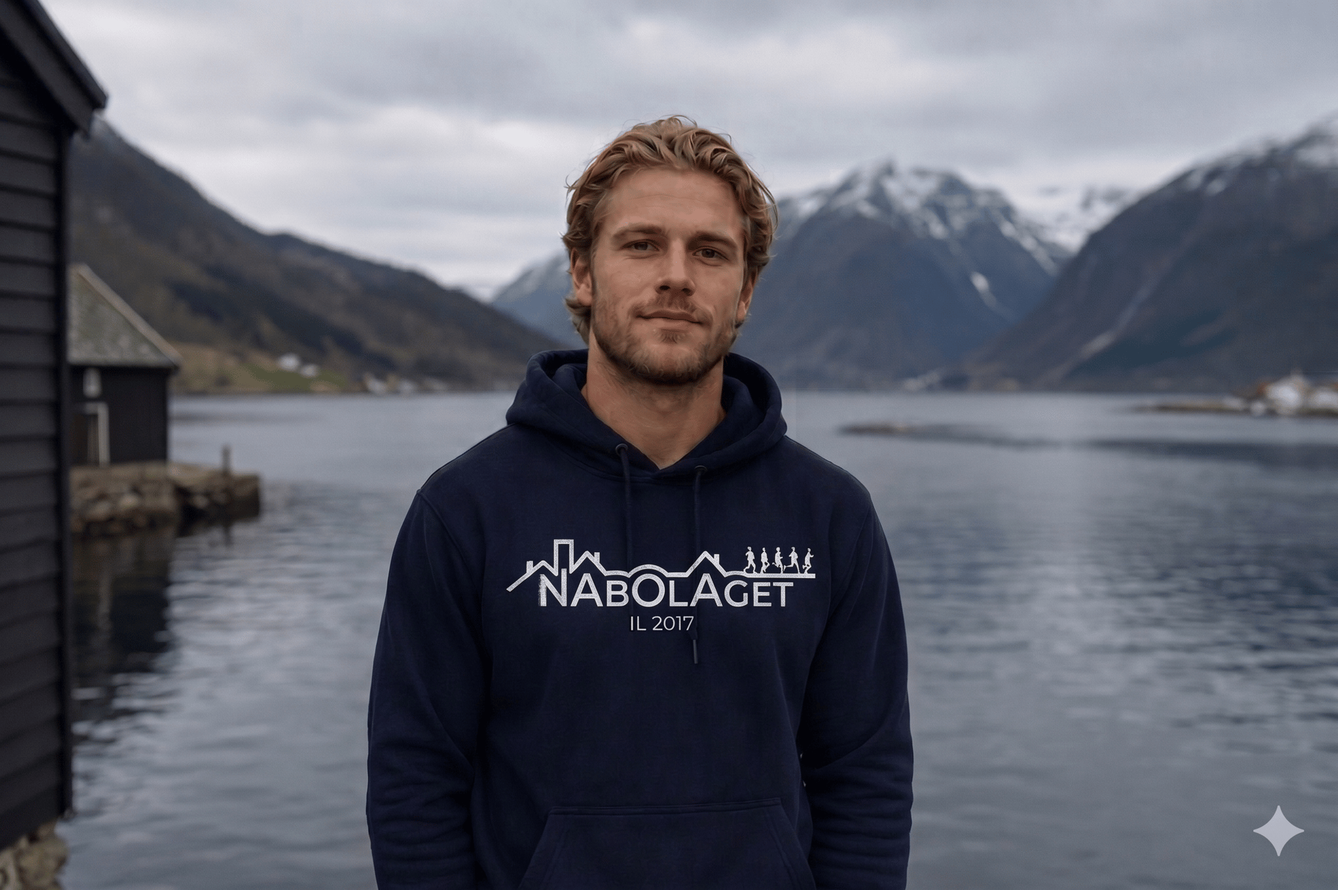A young man with blond hair and a beard wearing a navy hoodie smiles in front of a scenic fjord with snowy mountains.