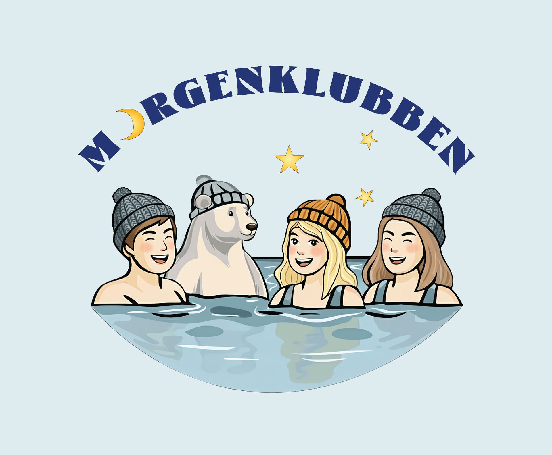 Cartoon of three people and a polar bear in water, wearing beanies, with "MORGENKLUBBEN" text above.