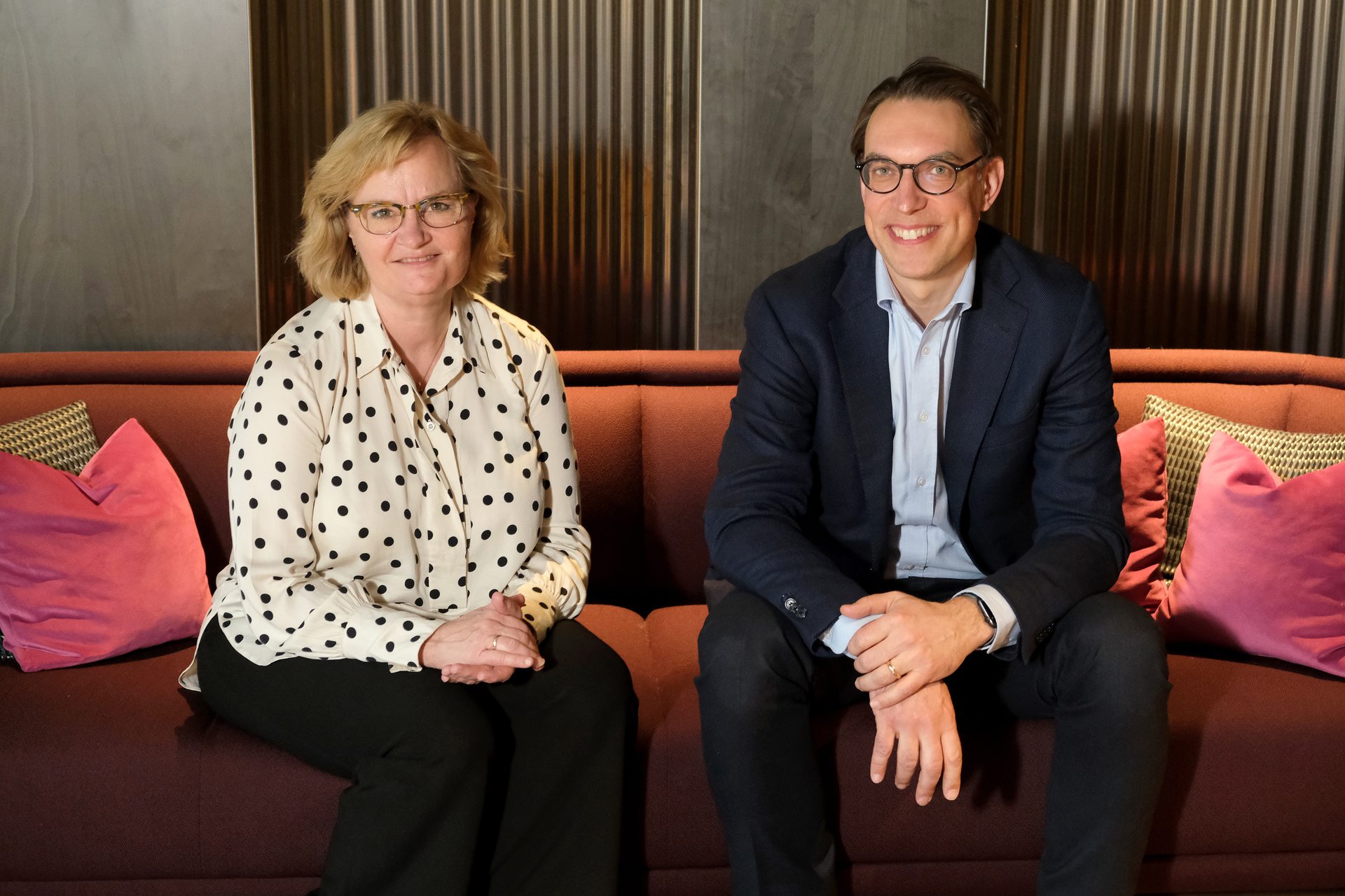 Suit trousers, Glasses, Smile, Comfort, Interaction, Curtain