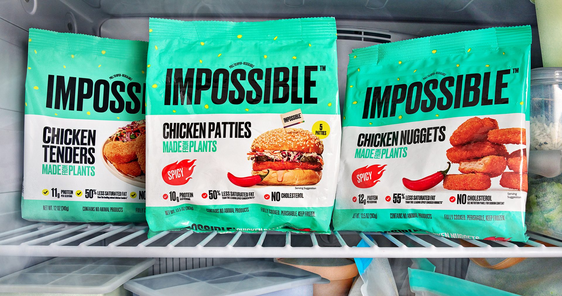 Spicy chicken nuggets, spicy chicken patties and chicken tenders from Impossible Foods