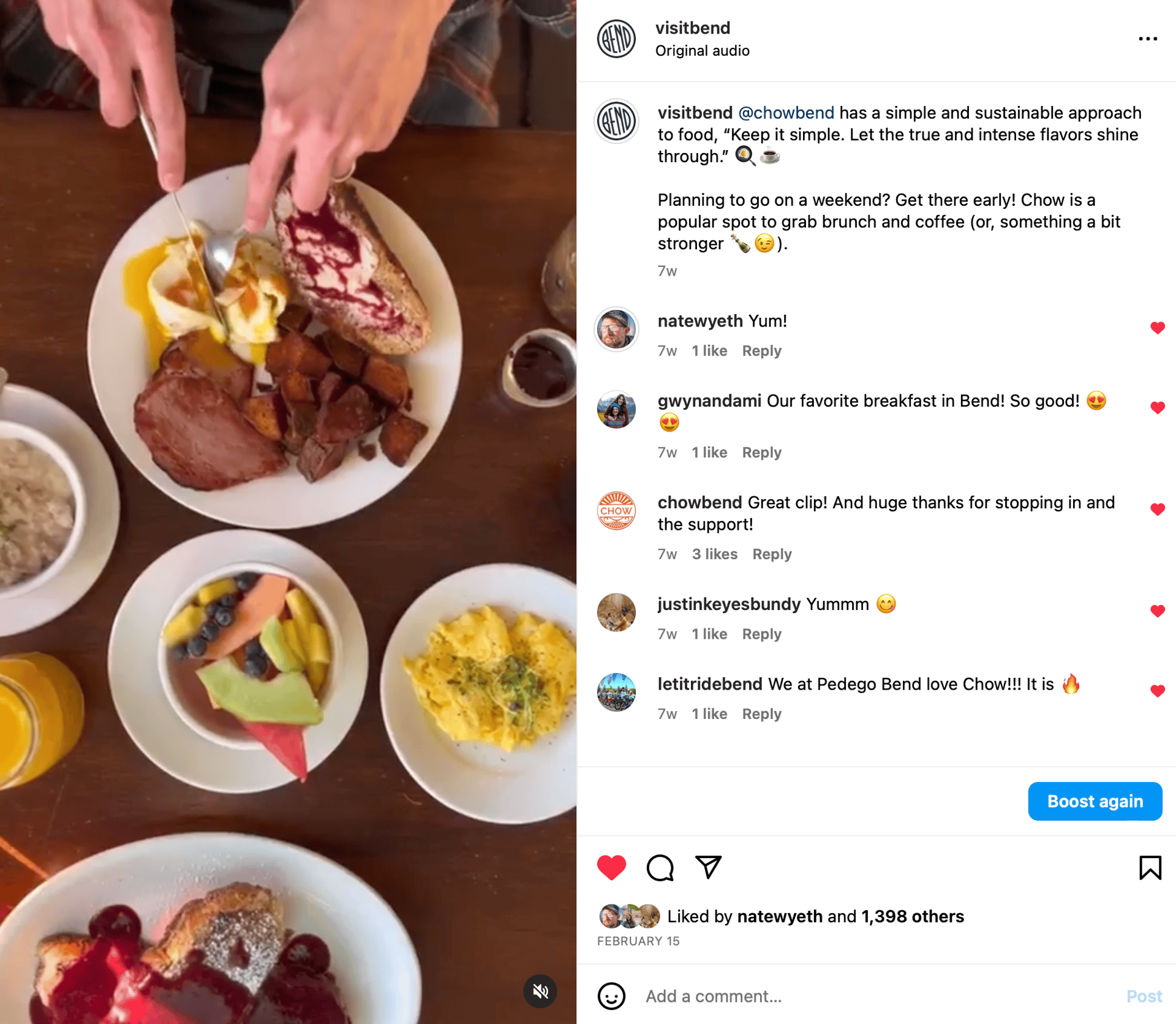 Social media supporting CHOW, a restaurant in Bend